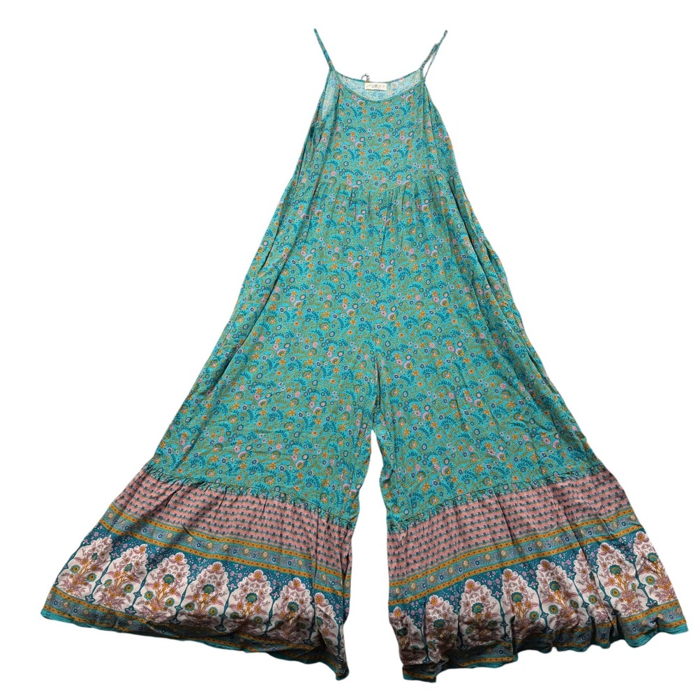 Natural Life Jumpsuit Women S Teal Floral Boho Wide Leg Palazzo Tiered Hem